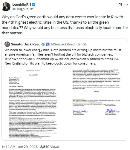 LoughlinRI1: Why on God’s green earth would any data center ever locate in RI with the 4th highest electric rates in the US, thanks to all the green mandates?? Why would any business that uses electricity locate here for that matter?