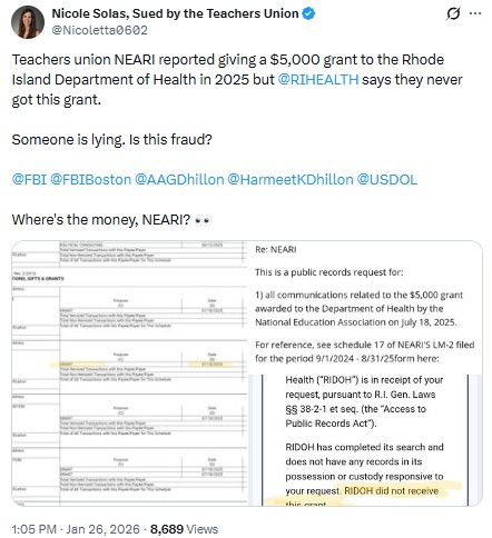 Nicoletta0602: Teachers union NEARI reported giving a $5,000 grant to the Rhode Island Department of Health in 2025 but 
@RIHEALTH
 says they never got this grant. 

Someone is lying. Is this fraud?