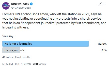RINewsToday: Former CNN anchor Don Lemon, who left the station in 2023, says he was not instigating or coordinating any protests into a church service - that he is an "independent journalist" protected by first amendment, and is bearing witness.