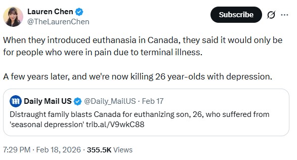 TheLaurenChen: When they introduced euthanasia in Canada, they said it would only be for people who were in pain due to terminal illness.

A few years later, and we're now killing 26 year-olds with depression.