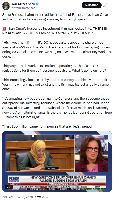 WallStreetApes: Steve Forbes, chairman and editor-in-chief of Forbes, says Ilhan Omar and her husband are running a money laundering operation

🚨 Ilhan Omar’s husbands investment firm was looked into, THERE IS NO RECORDS OF THEM MANAGING MONEY, “NO CLIENTS”