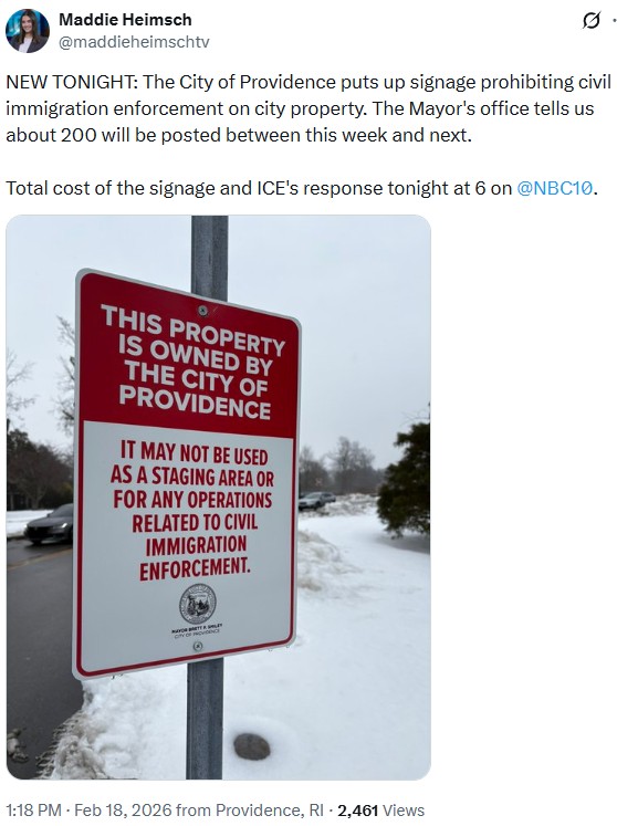 maddieheimschtv: NEW TONIGHT: The City of Providence puts up signage prohibiting civil immigration enforcement on city property. The Mayor's office tells us about 200 will be posted between this week and next.

Total cost of the signage and ICE's response tonight at 6 on 
@NBC10
.