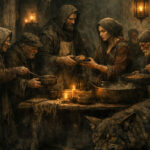 Large coyotes prowl in a soup kitchen