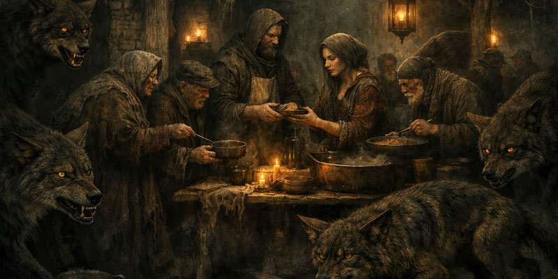 Large coyotes prowl in a soup kitchen