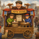 A puppeteer puts on a marionette voting performance