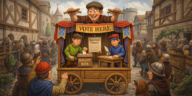 A puppeteer puts on a marionette voting performance