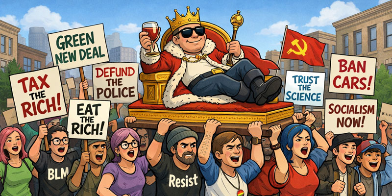 Progressive protesters carry a king