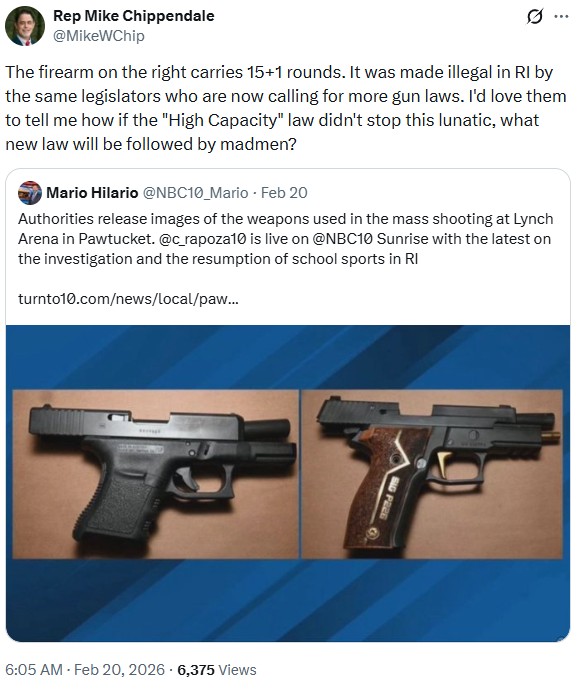 MikeWChip: The firearm on the right carries 15+1 rounds. It was made illegal in RI by the same legislators who are now calling for more gun laws. I'd love them to tell me how if the "High Capacity" law didn't stop this lunatic, what new law will be followed by madmen?