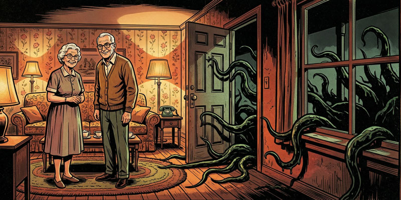 An elderly couple smiles in their living room as a monster's tendrils work their way in.