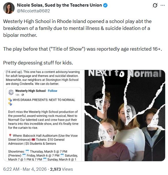 Nicoletta0602: Westerly High School in Rhode Island opened a school play abt the breakdown of a family due to mental illness & suicide ideation of a bipolar mother. 

The play before that ("Title of Show") was reportedly age restricted 16+. 

Pretty depressing stuff for kids.