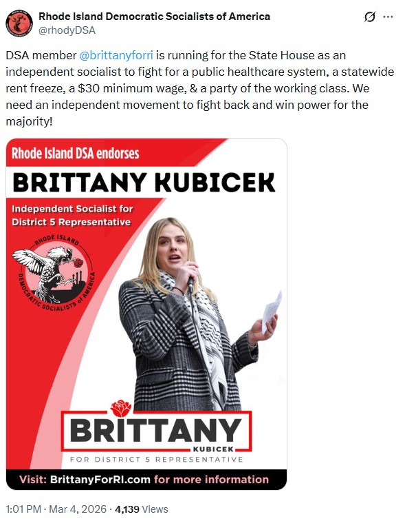 rhodyDSA: DSA member
@brittanyforri
is running for the State House as an independent socialist to fight for a public healthcare system, a statewide rent freeze, a $30 minimum wage, & a party of the working class. We need an independent movement to fight back and win power for the majority!