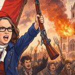 A French revolutionary woman leads a mob against a Catholic church.