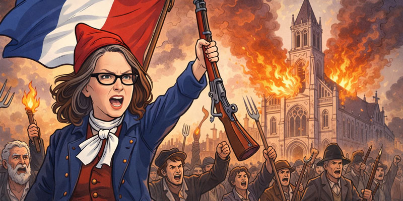 A French revolutionary woman leads a mob against a Catholic church.