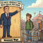 A carnival height restriction sign shows the minimum wage above people's heads