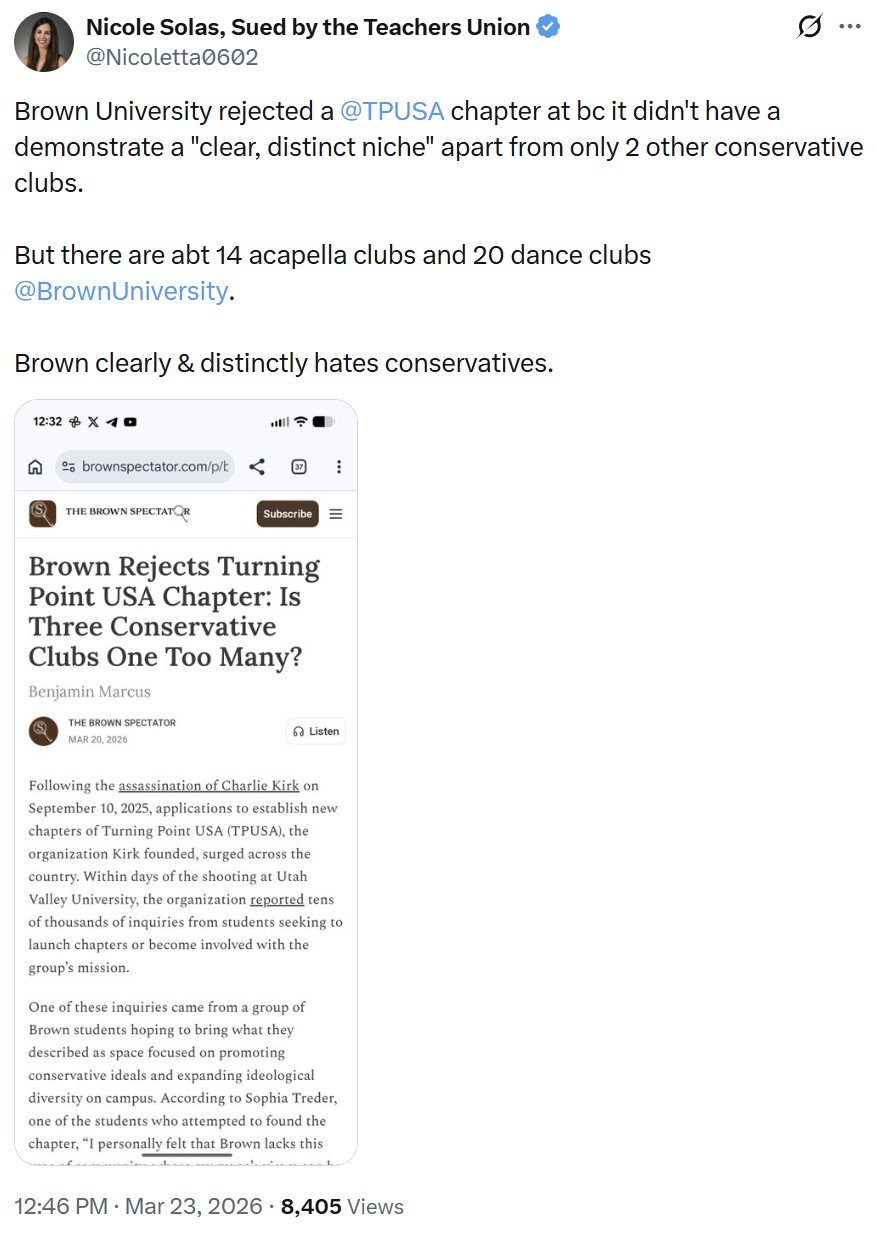 Nicoletta0602: Brown University rejected a 
@TPUSA
 chapter at bc it didn't have a demonstrate a "clear, distinct niche" apart from only 2 other conservative clubs. 

But there are abt 14 acapella clubs and 20 dance clubs 
@BrownUniversity
. 

Brown clearly & distinctly hates conservatives.