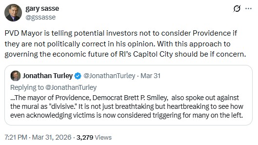gssasse: PVD Mayor is telling potential investors not to consider Providence if they are not politically correct in his opinion. With this approach to governing the economic future of RI’s Capitol City should be if concern.